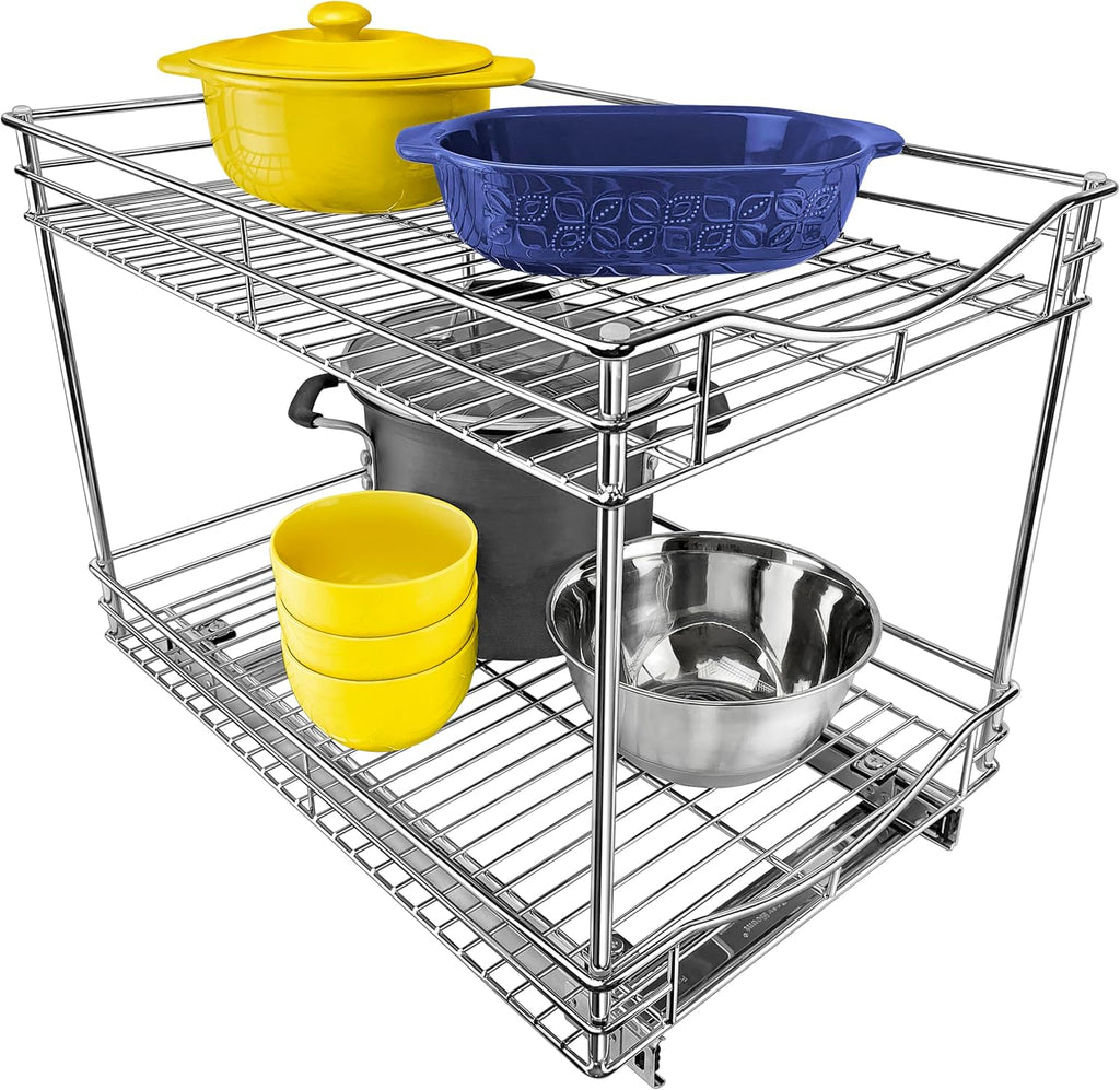 Pull Out Cabinet Organizer, 2-Tier Slide Out Drawer | 14W x 21D chrome 2-Tier pull-out shelves add easy-access storage for pots, pans, cookware and kitchen essentials in cabinets
