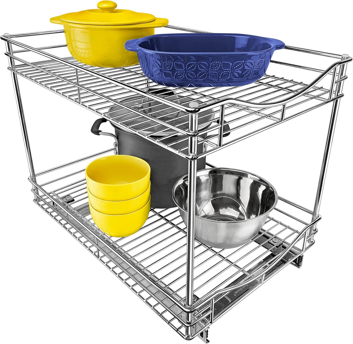 Pull Out Cabinet Organizer, 2-Tier Slide Out Drawer | 14W x 21D chrome 2-Tier pull-out shelves add easy-access storage for pots, pans, cookware and kitchen essentials in cabinets