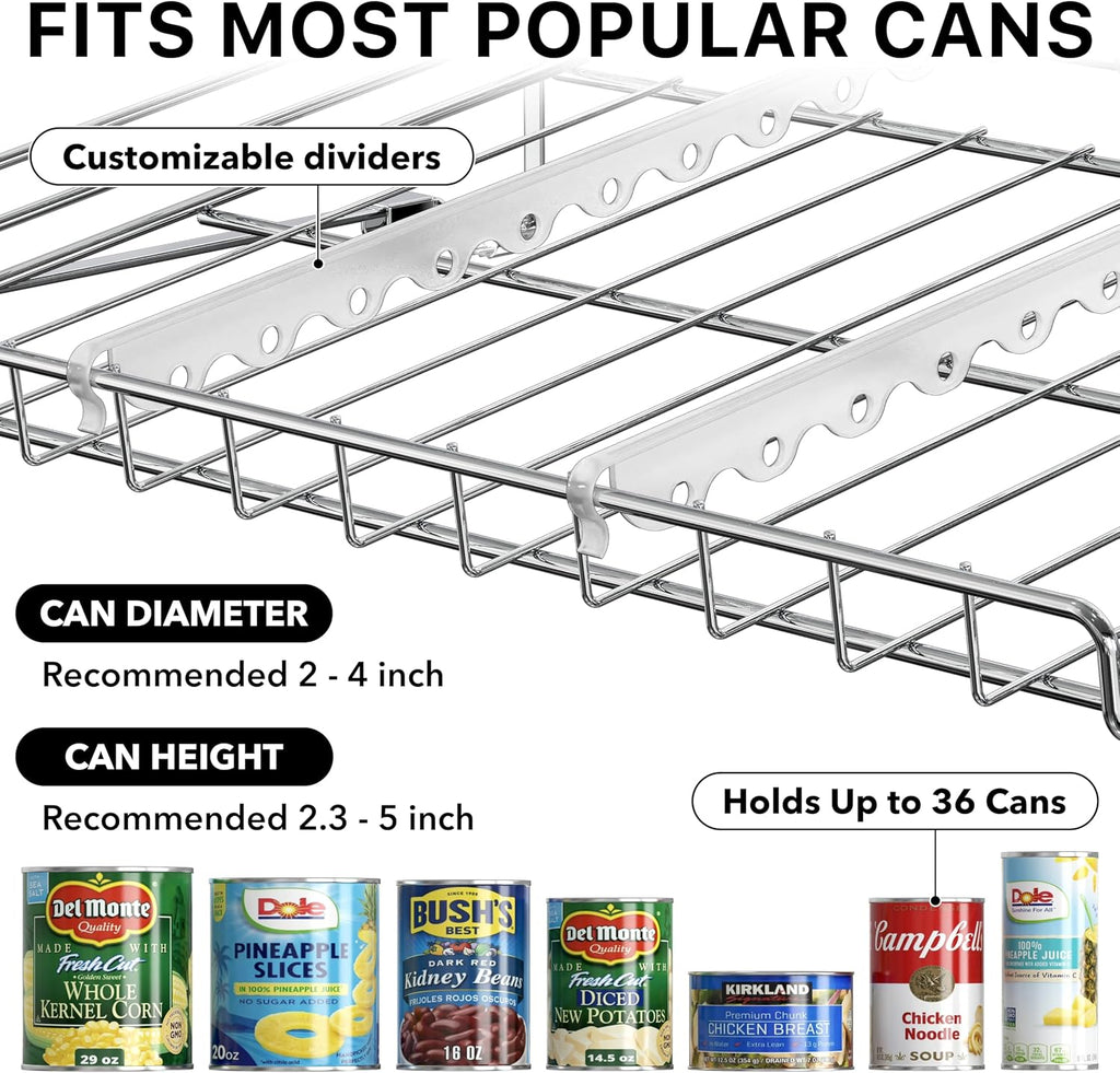 3-Tier Stackable Can Organizer Rack Hold 36 Cans, Chrome | Can Food Storage Dispenser for Pantry/Cabinet, Adjustable Dividers – 11.5" D x 17" W x 13.75" H - view 6