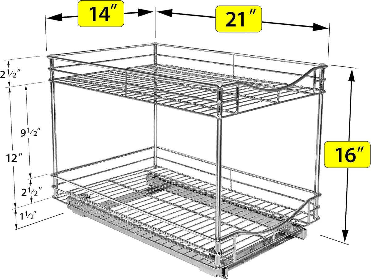 Pull Out Cabinet Organizer, 2-Tier Slide Out Drawer | 14W x 21D chrome 2-Tier pull-out shelves add easy-access storage for pots, pans, cookware and kitchen essentials in cabinets - view 5