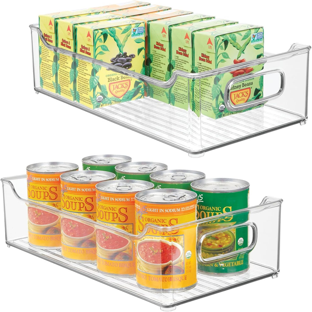 Wide Plastic Kitchen Storage Container Bins with Handles -Organization in Pantry, Cabinet, Refrigerator or Freezer Shelves - Food Organizer for Fruit, Yogurt, Squeeze Pouches - 2 Pack - Clear