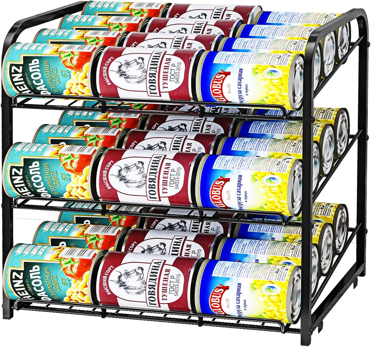 Can rack organizer, 3 tier stackable can storage dispenser, for food storage, kitchen or pantry, storage for 36 cans, black