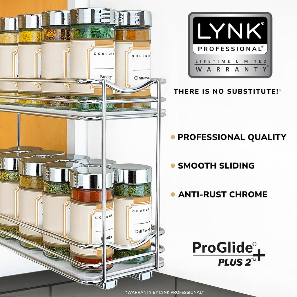 LYNK PROFESSIONAL Pull Out Spice Organization for Cabinets - 4-3/8 inch Wide – Spice Rack for Inside Cabinets, Slide Out Spice Rack Organizer for cabinet – Pull Out Spice Rack, Sliding 2 Tier Chrome - view 2