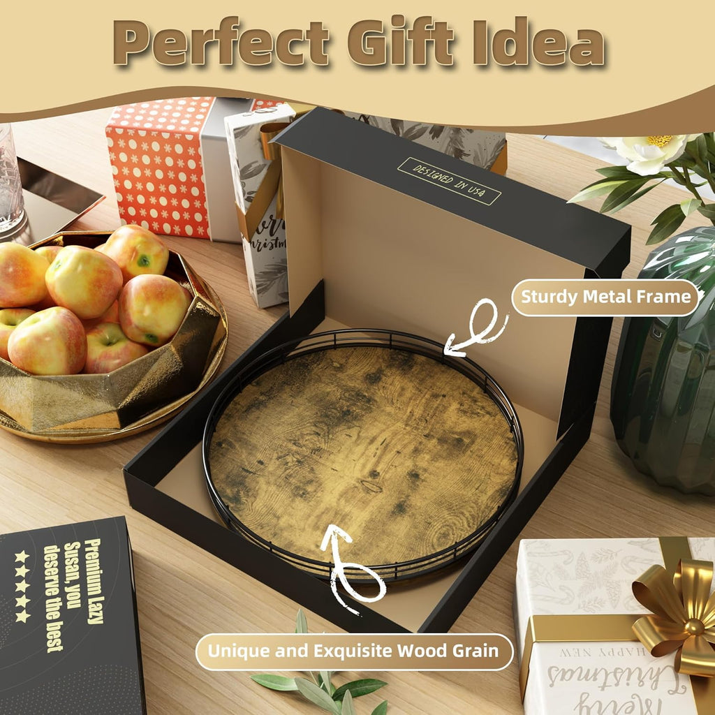 Lazy susan turntable organizer for table top, 12'' round wooden lazy susan for cabinet kitchen countertop pantry dining coffee table for condiments spices, rustic bathroom vanity tray for soap candle - view 7