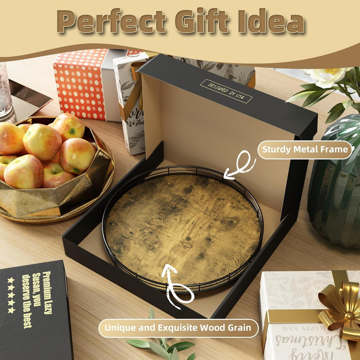 Lazy susan turntable organizer for table top, 12'' round wooden lazy susan for cabinet kitchen countertop pantry dining coffee table for condiments spices, rustic bathroom vanity tray for soap candle - view 7