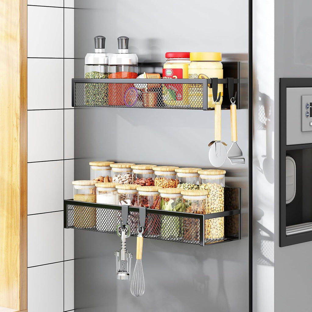 Magnetic spice rack for refrigerator, 2 pack magnetic shelf, fridge magnet organizer with moveable 4 hooks, magnetic fridge shelf for kitchen organization and storage (2 pack) - view 8