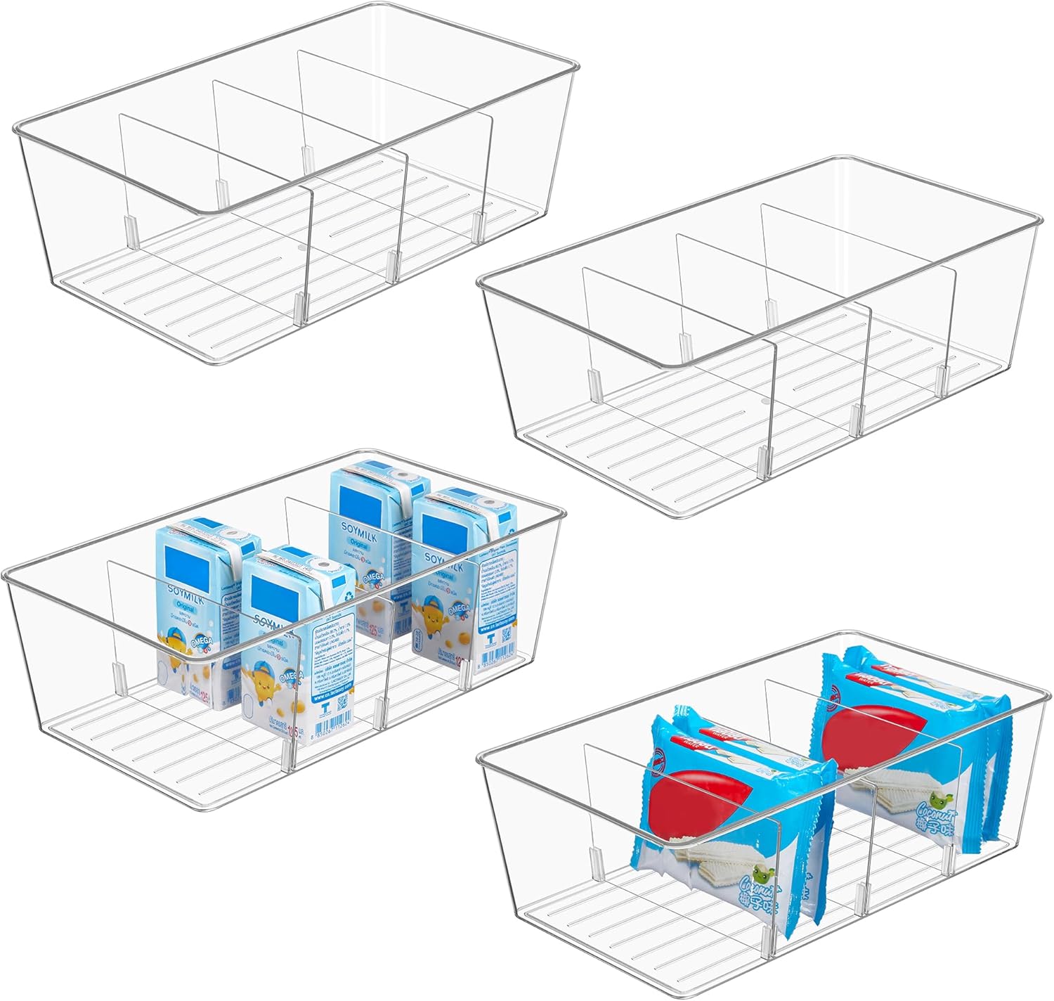 4 Pack Food Storage Organizer Bins, Clear Plastic, 4 Compartments | For Pantry, Kitchen, Fridge and Cabinet Organization, Organize Food Packets, Snacks, Pouches and Spice Packets