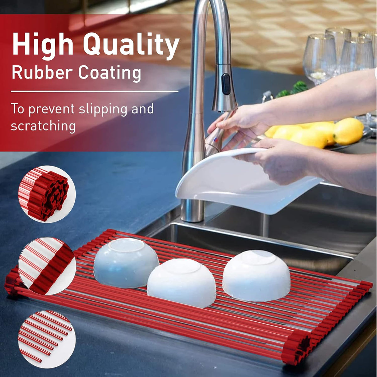 Over Sink Dish Drying Rack, Dish Drying Mat | Collapsible Dish Drying Rack for Kitchen Counter, Heat Resistant Stainless Steel & Silicone Drying Rack, Dish Drainer (Red, Medium) - view 4