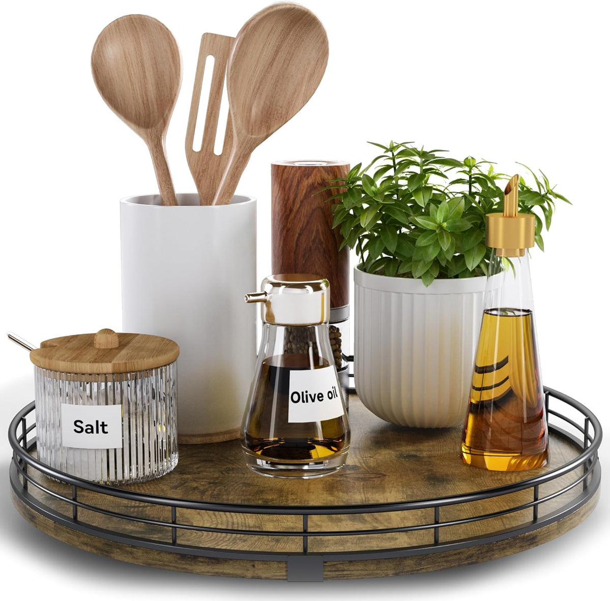 Lazy susan turntable organizer for table top, 12'' round wooden lazy susan for cabinet kitchen countertop pantry dining coffee table for condiments spices, rustic bathroom vanity tray for soap candle