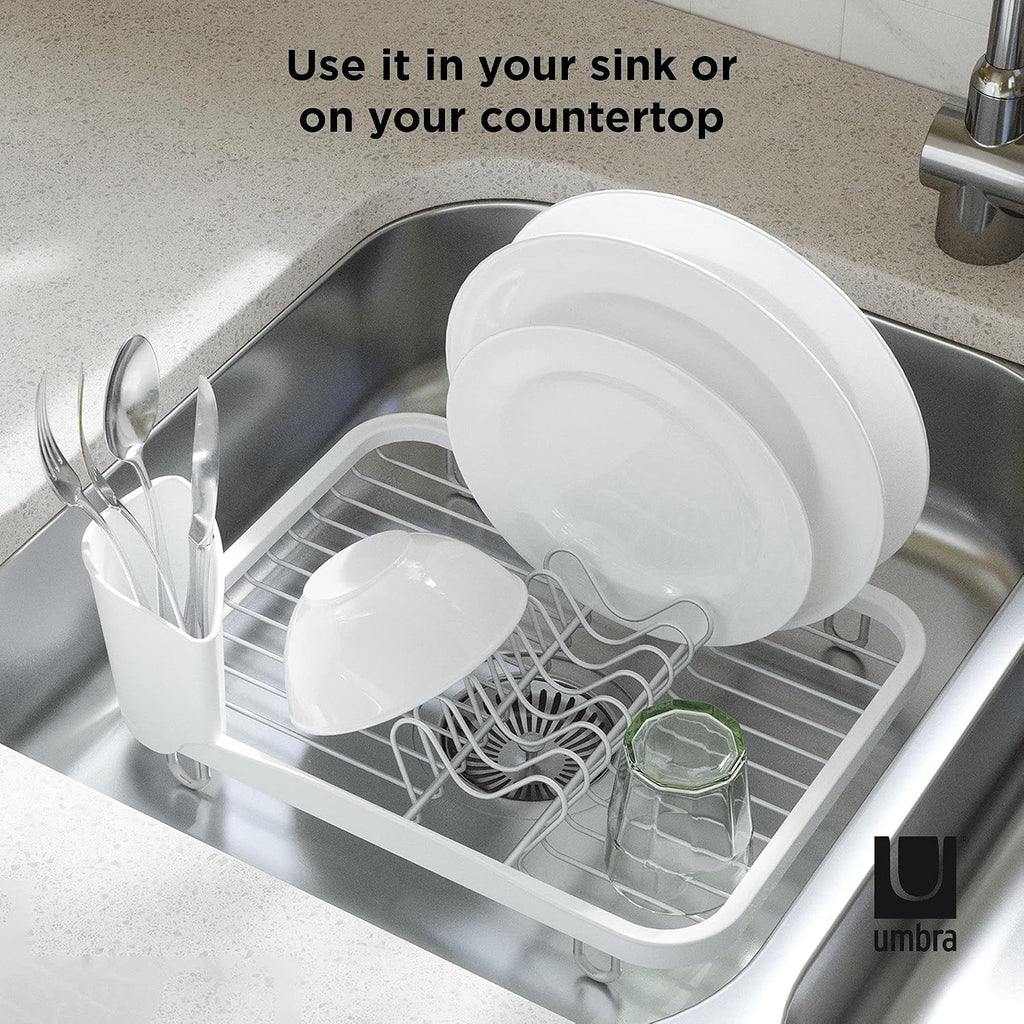 Sinkin Dish Drying Rack, in Sink or Countertop Drainer, White/Nickel | Removable utensil holder, non slip rubber feet, fits standard sizes, coated wire and plastic - view 5