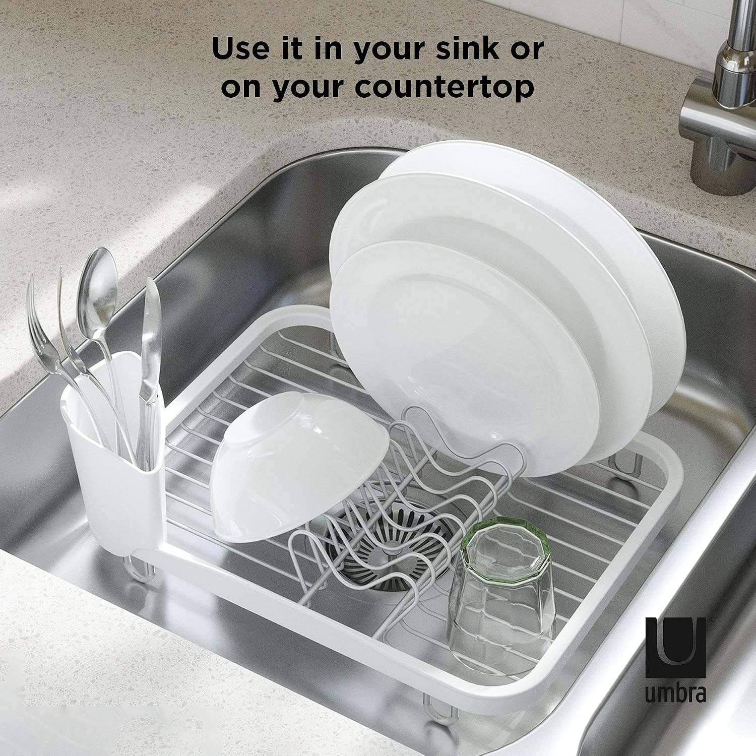 Sinkin Dish Drying Rack, in Sink or Countertop Drainer, White/Nickel | Removable utensil holder, non slip rubber feet, fits standard sizes, coated wire and plastic - view 5