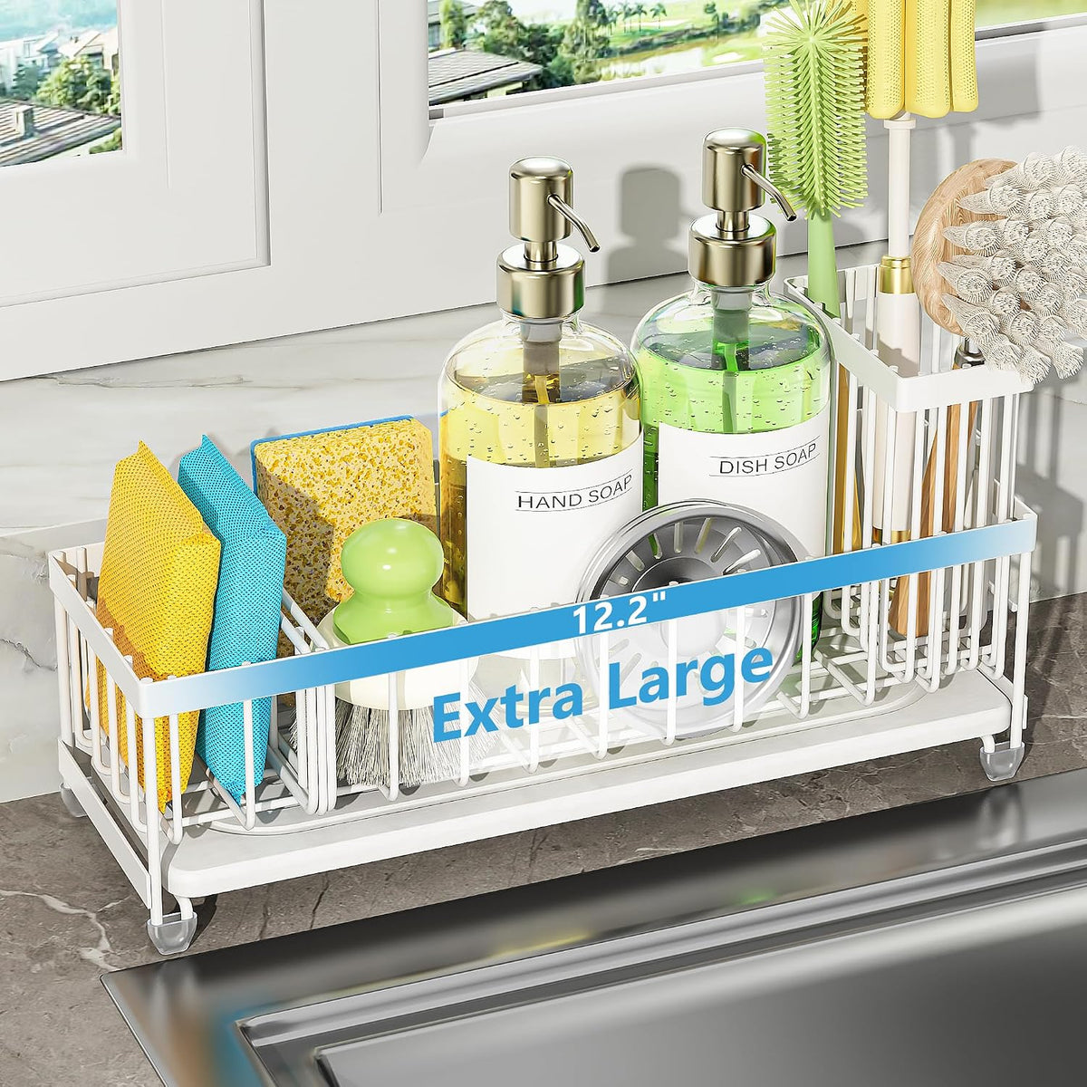 Extra Large Sink Caddy Organizer with Drying Stone, Black Sponge Holder for Kitchen, Dish Brush Holder for Countertop, Kitchen Decor Storage and Essentials - view 4