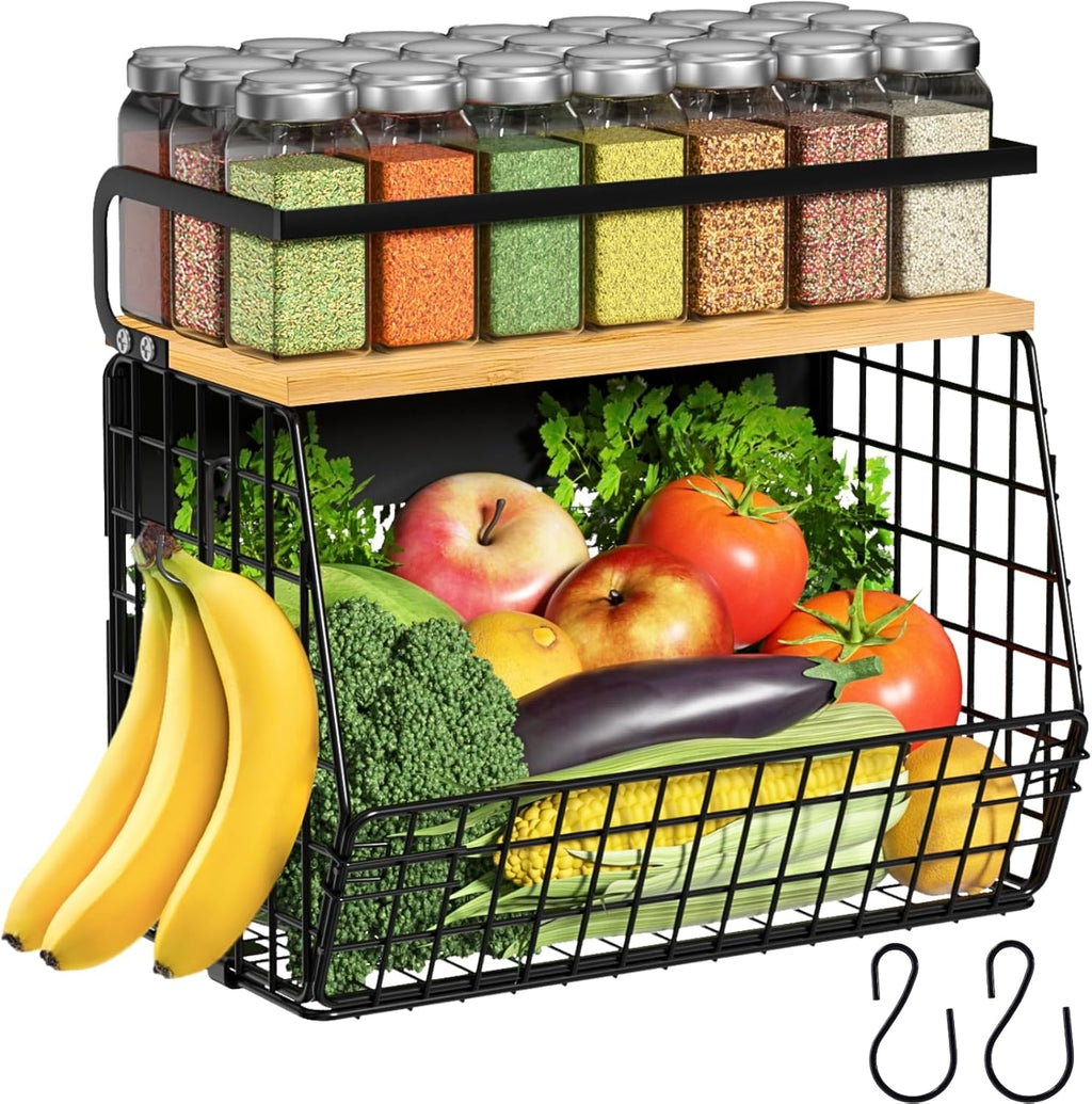 Magnetic Shelf for Fridge with Wood Lid, Fruit Potato and Onion Storage Bins, Pantry Organizers & Storage, Large Container Magnetic Spice Rack for Refrigerator, Kitchen Counter (Black, 1) - view 3