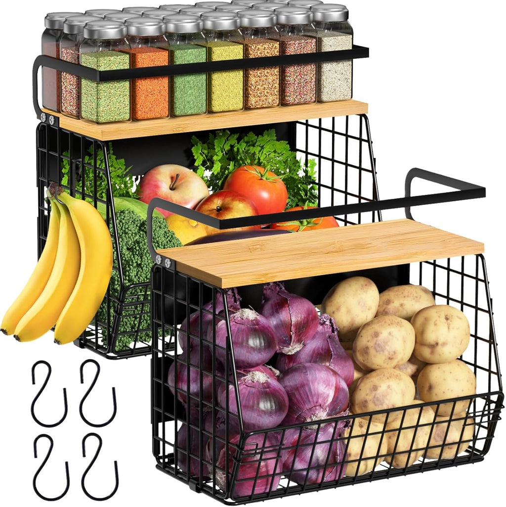 Magnetic Shelf for Fridge with Wood Lid, Fruit Potato and Onion Storage Bins, Pantry Organizers & Storage, Large Container Magnetic Spice Rack for Refrigerator, Kitchen Counter (Black, 1) - view 2