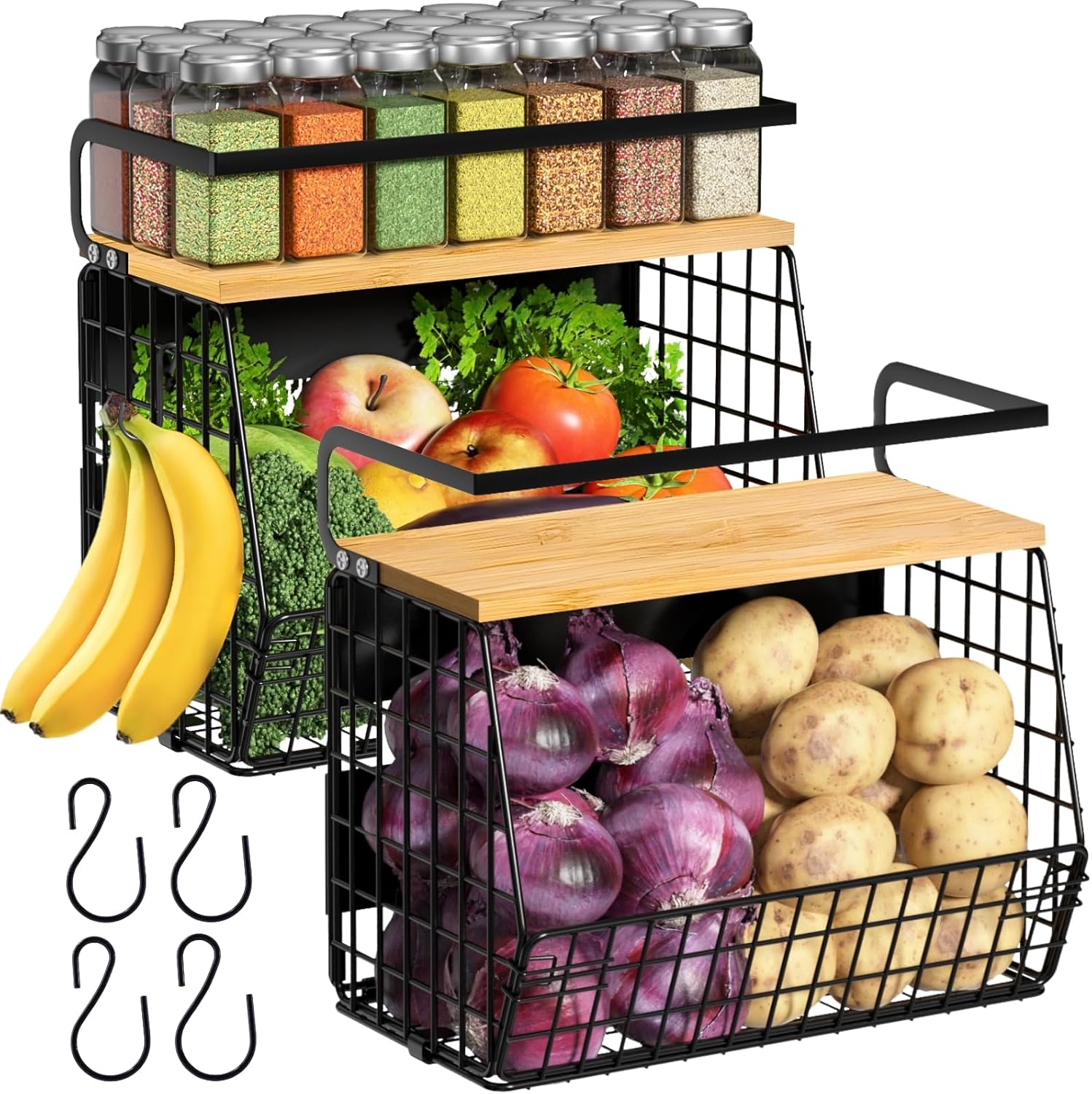 Magnetic Shelf for Fridge with Wood Lid, Fruit Potato and Onion Storage Bins, Pantry Organizers & Storage, Large Container Magnetic Spice Rack for Refrigerator, Kitchen Counter (Black, 1) - view 2