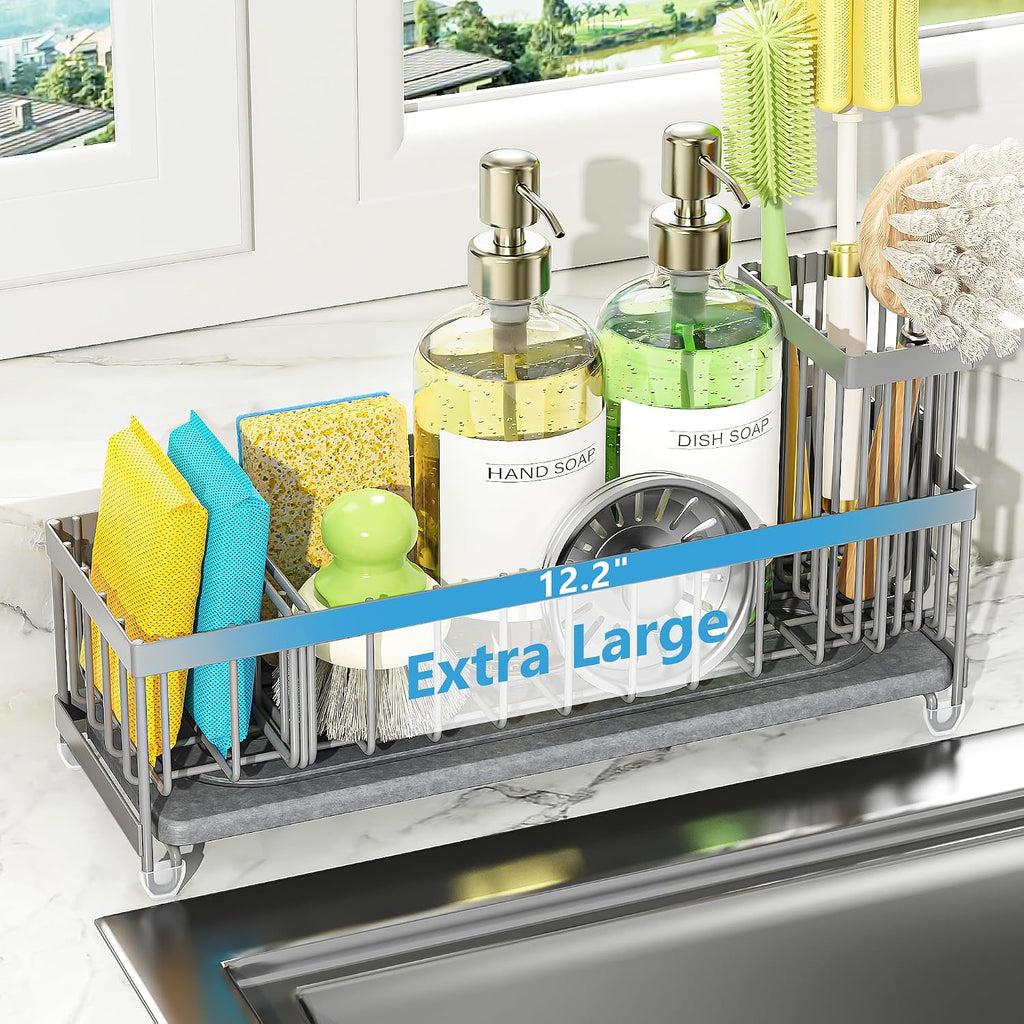 Extra Large Sink Caddy Organizer with Drying Stone, Black Sponge Holder for Kitchen, Dish Brush Holder for Countertop, Kitchen Decor Storage and Essentials - view 5