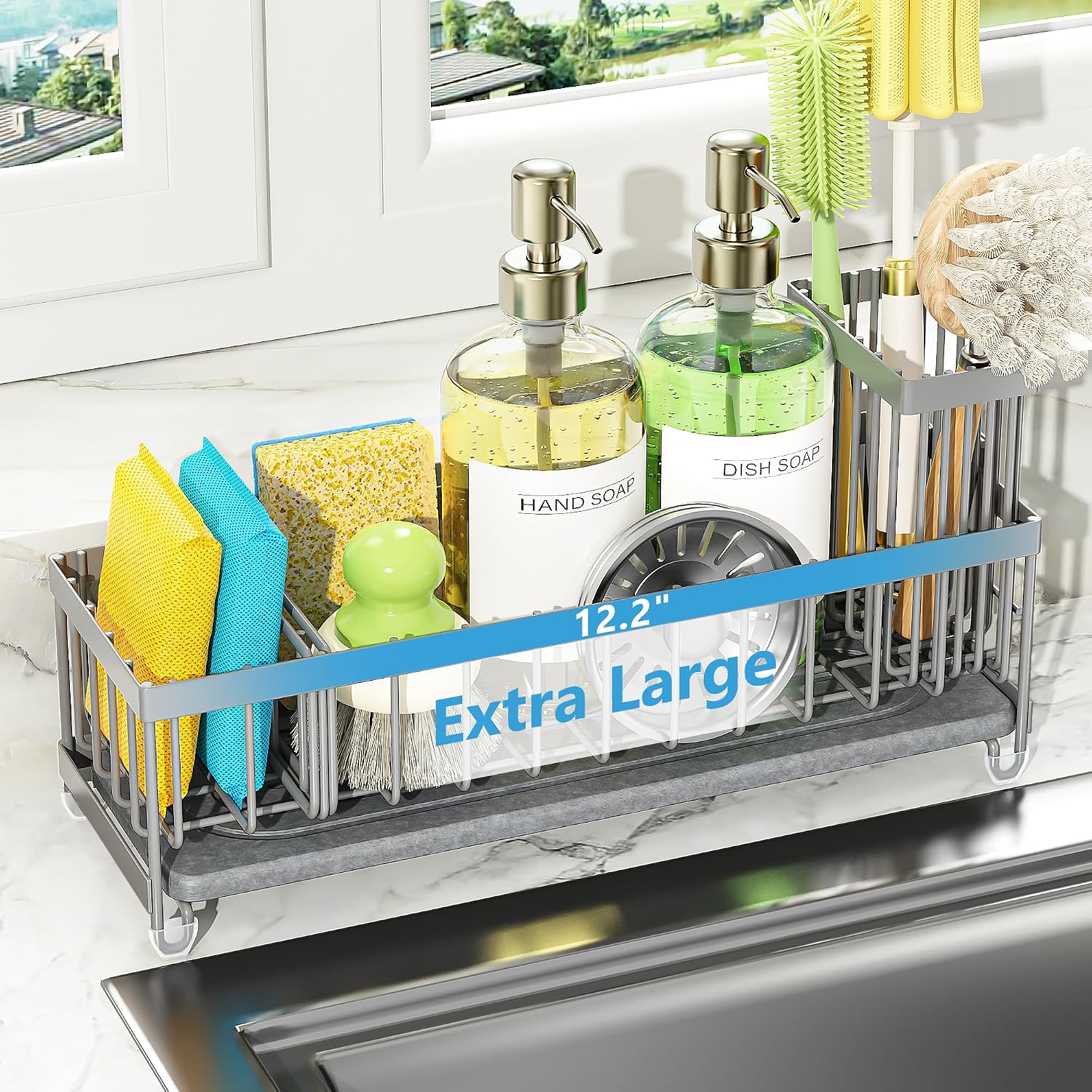 Extra Large Sink Caddy Organizer with Drying Stone, Black Sponge Holder for Kitchen, Dish Brush Holder for Countertop, Kitchen Decor Storage and Essentials - view 5