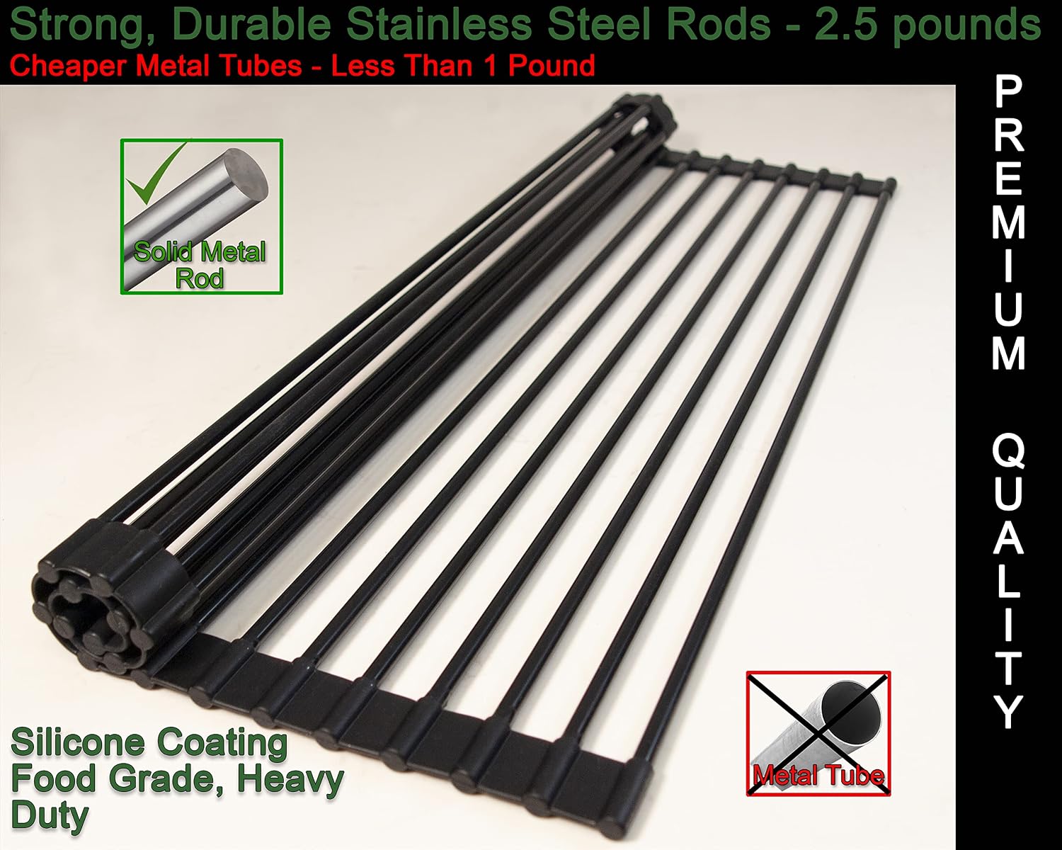 Roll Up Drying Rack Black Multipurpose, 20.4x13.1 Inches, Silicone Coated Solid Stainless Rods, Dish Racks, Sink Cover for Counter Space, Small Kitchen, RV, and Apartment Must Haves - view 2