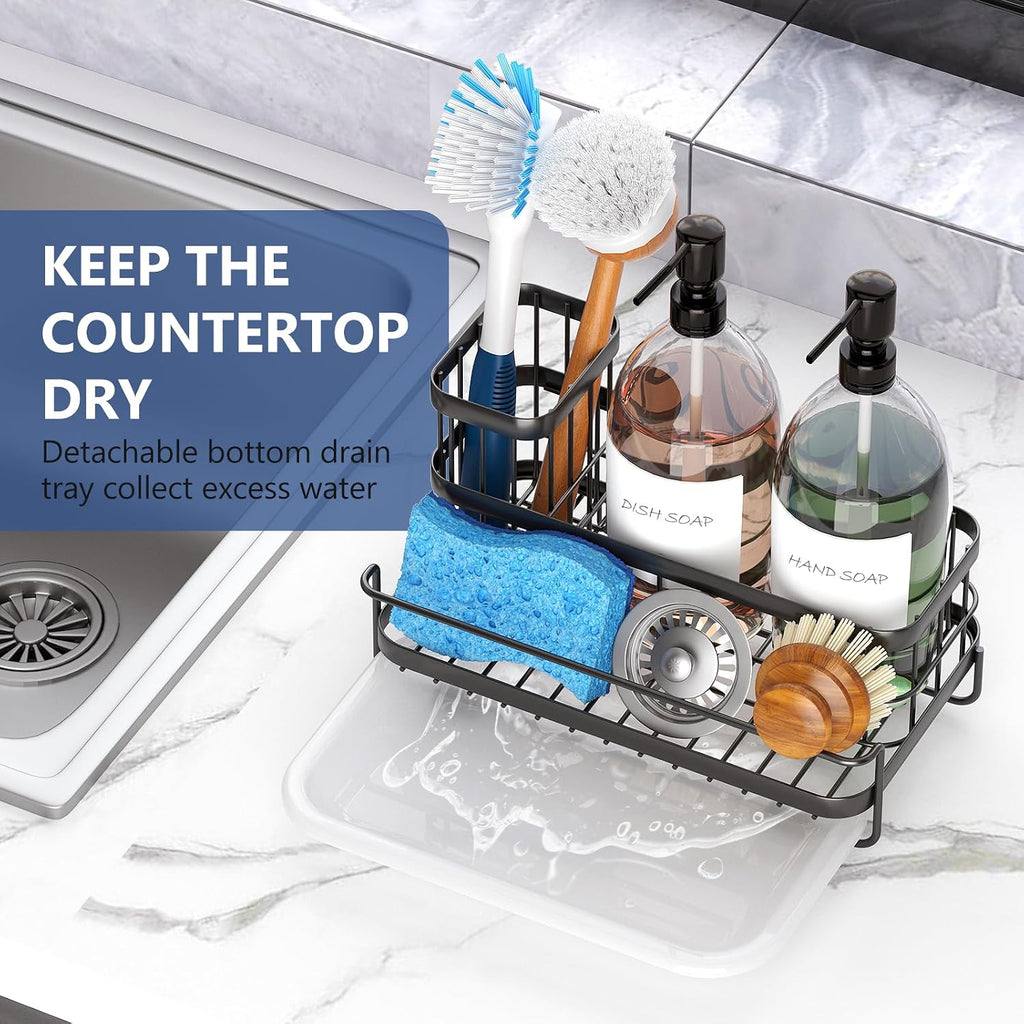 Trendy Sink Caddy Kitchen Organizer, Non-Slip Dish Soap Dispenser Rack with Drain Tray, Rustproof Brush Holder for Countertop Storage (Matte Black) - view 2
