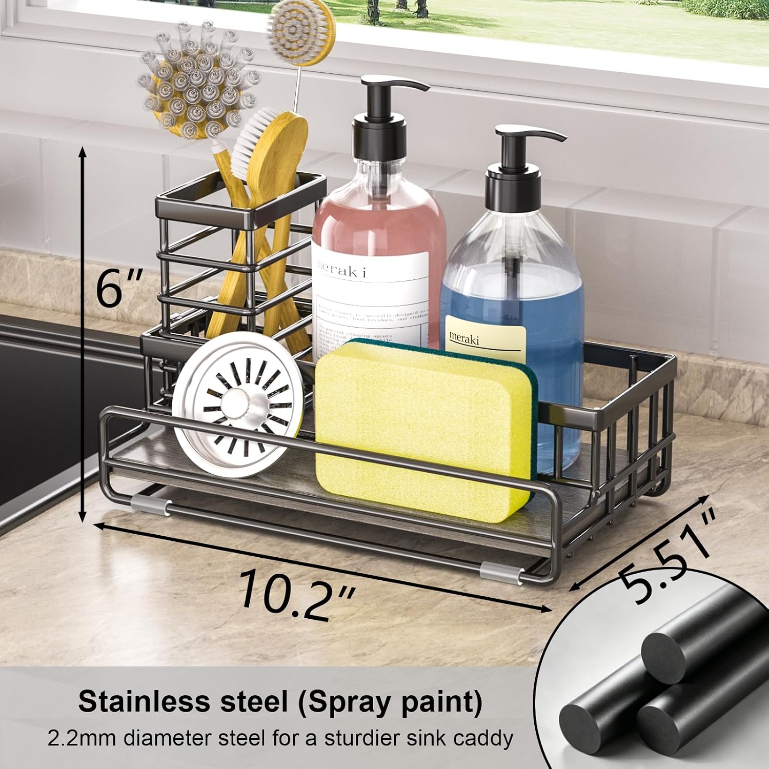 Large Family-Sized Sponge Holder for Kitchen Sink Organizer (Black) | Sink Caddy with Instant Drying Stone, Stainless Steel Sponge Holder for Sponges, Scrubbers, Soap, Home Countertop Organizer - view 2