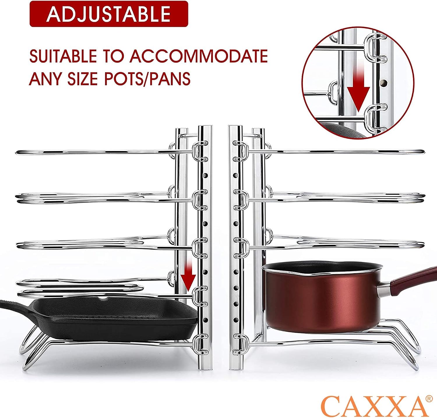 Heavy Duty Pan Rack, Pot Lid Rack, Kitchen Cabinet Pantry Cookware Organizer Rack Holder with 5 Adjustable Dividers, Chrome - view 4