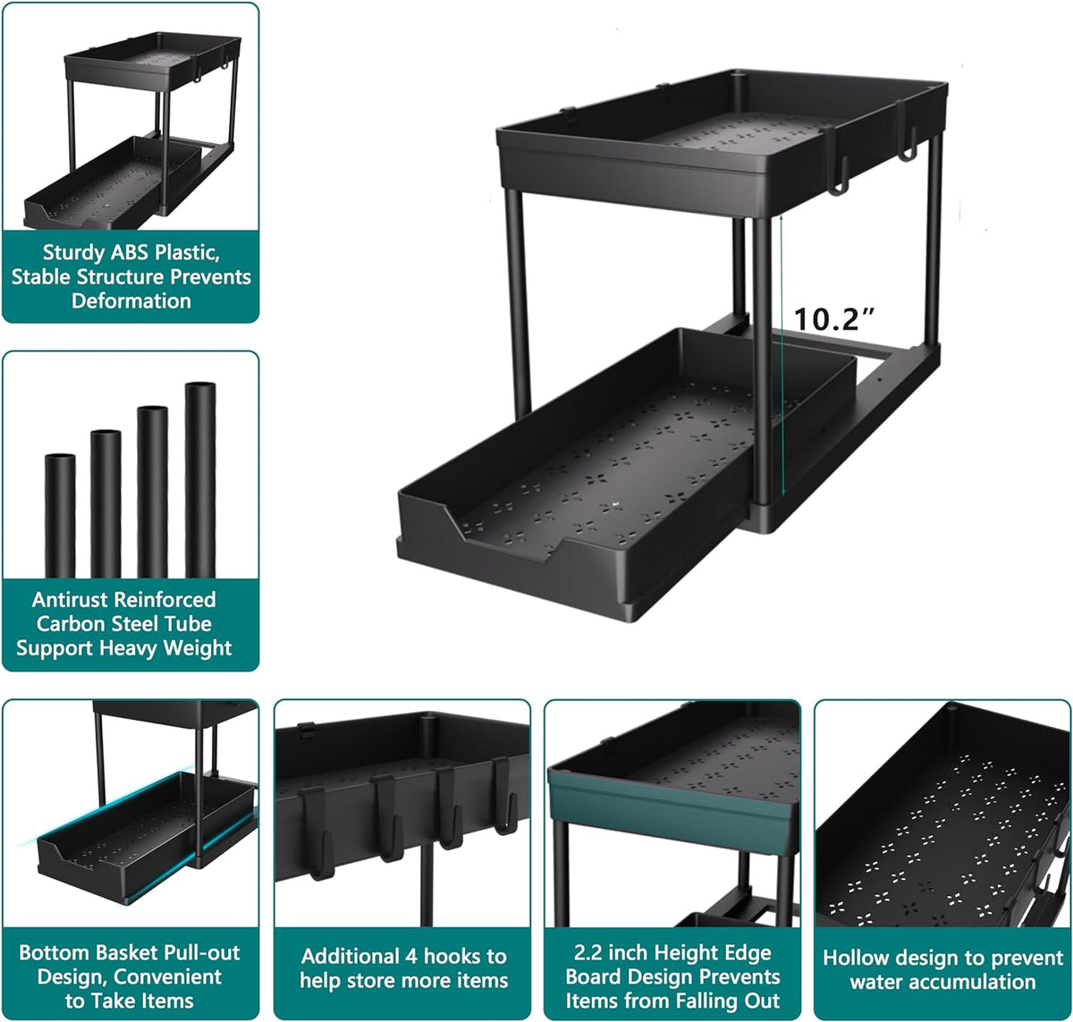 Under Sink Organizer 2 Pack, Bathroom Cabinet Organizer, 2 Tier Sliding Cabinet Basket Organizer Drawer, Multi-Purpose Bath Collection Baskets for Bathroom (Black) - view 6