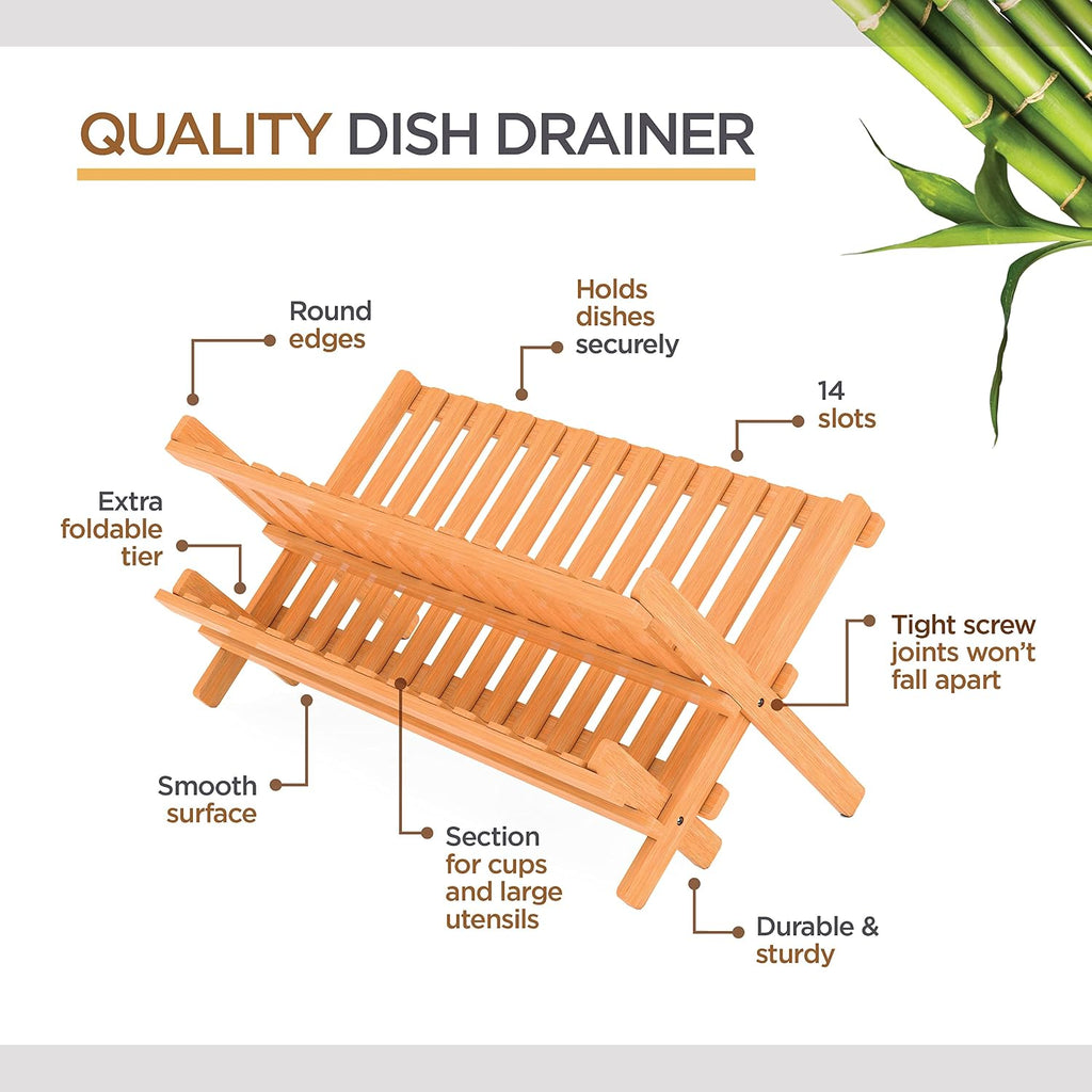 Collapsible dish drying rack 2-tier bamboo dish drainer for kitchen counter | no assembly wooden dish rack, compact dish strainer, holds plates cups bowls mugs utensils, folds flat for small kitchens, RV - view 5
