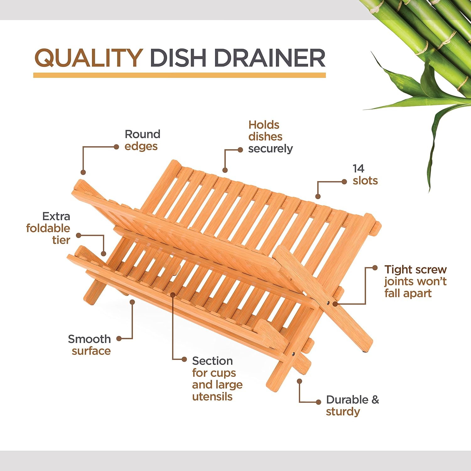 Collapsible dish drying rack 2-tier bamboo dish drainer for kitchen counter | no assembly wooden dish rack, compact dish strainer, holds plates cups bowls mugs utensils, folds flat for small kitchens, RV - view 5