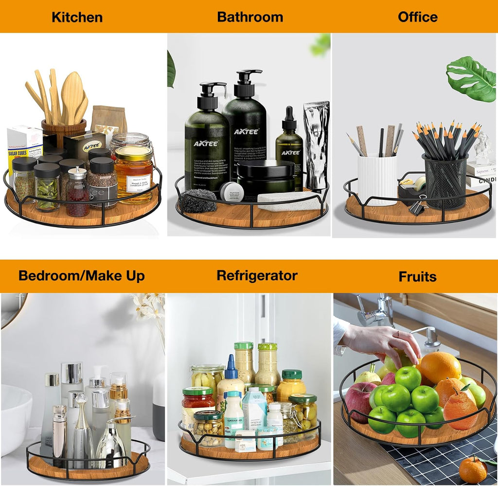 Lazy susan turntable organizer for cabinet pantry kitchen countertop refrigerator cupboard, pine wood, 9", carbonized black - view 4