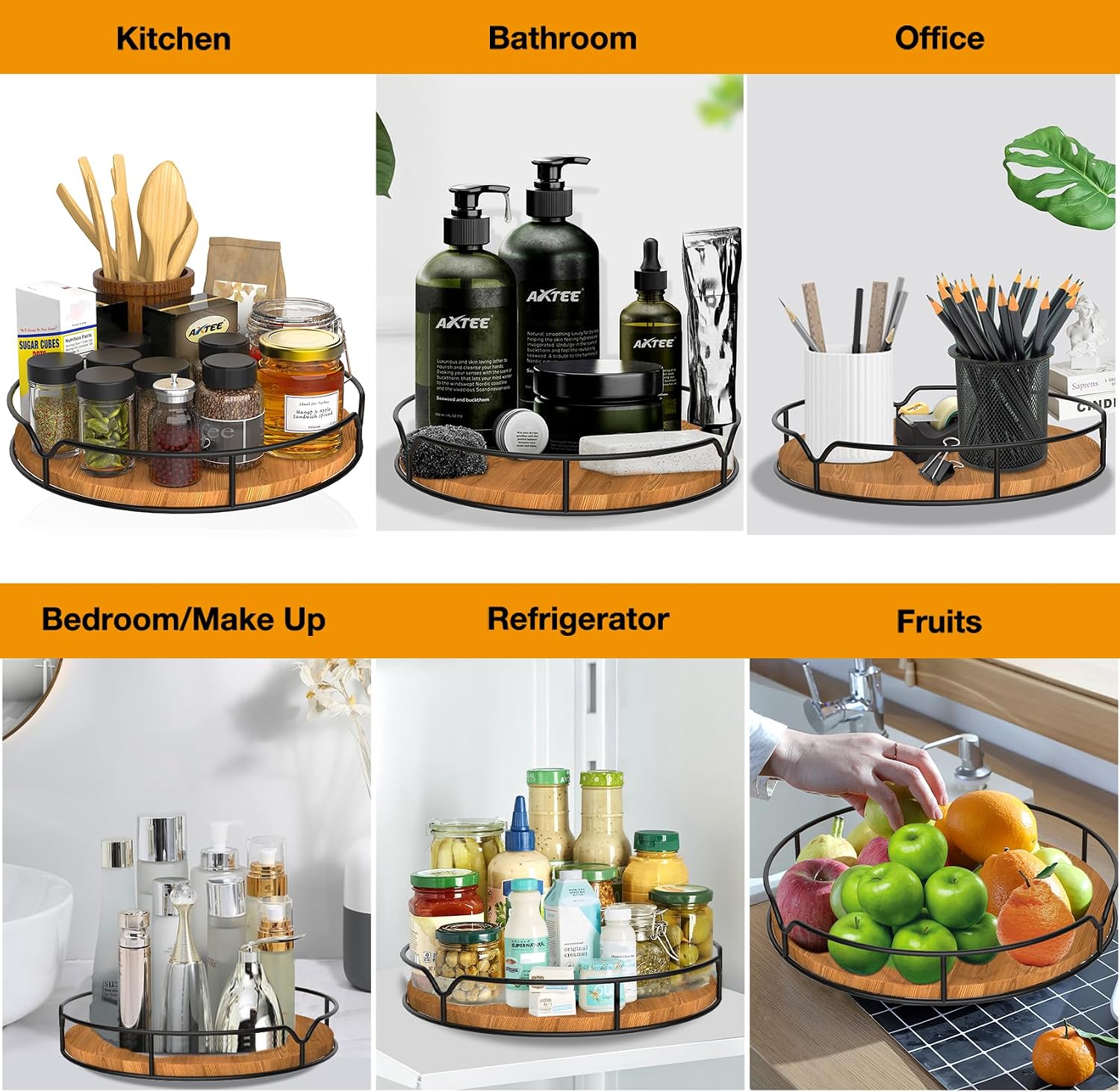 Lazy susan turntable organizer for cabinet pantry kitchen countertop refrigerator cupboard, pine wood, 9", carbonized black - view 4