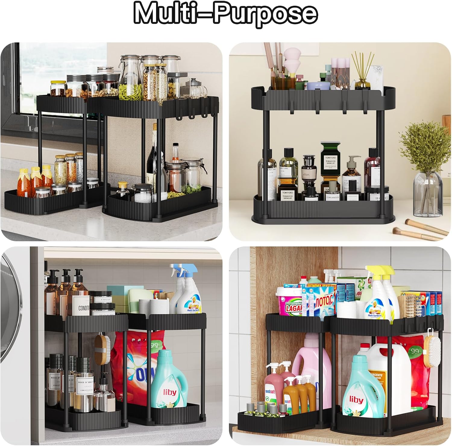 Multi-Purpose Pull-Out Storage Organizers, Under Sink/Cabinet Organizers and Storage for Bathroom & Kitchen, Black, 12.8 Inches, 2 Packs - view 6