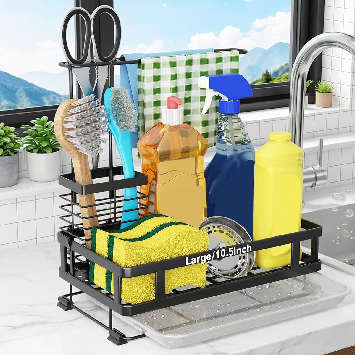 Kitchen Sink Organizer with Brush Rack - Sink Caddy with Drain-Pan | Stainless Steel Sponge Holder for Kitchen Sink with Towel Rack, Organizer for Dish Soap Dispenser, 10.5"L × 5.9"W × 10.5"H