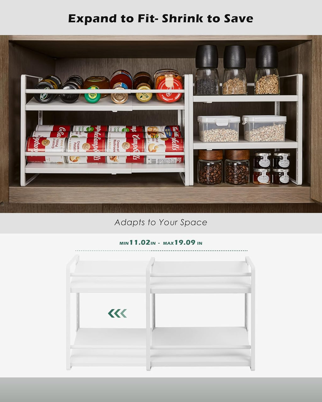 Expandable Cabinet Shelf Organizer, 2-Tier Countertop Storage Riser | Heavy-Duty Metal, Holds 80 lb, Adjusts Wide, 13 Height Slots, Tilt Option, for Kitchen, Pantry & Cupboard, Under Sink, White - view 6