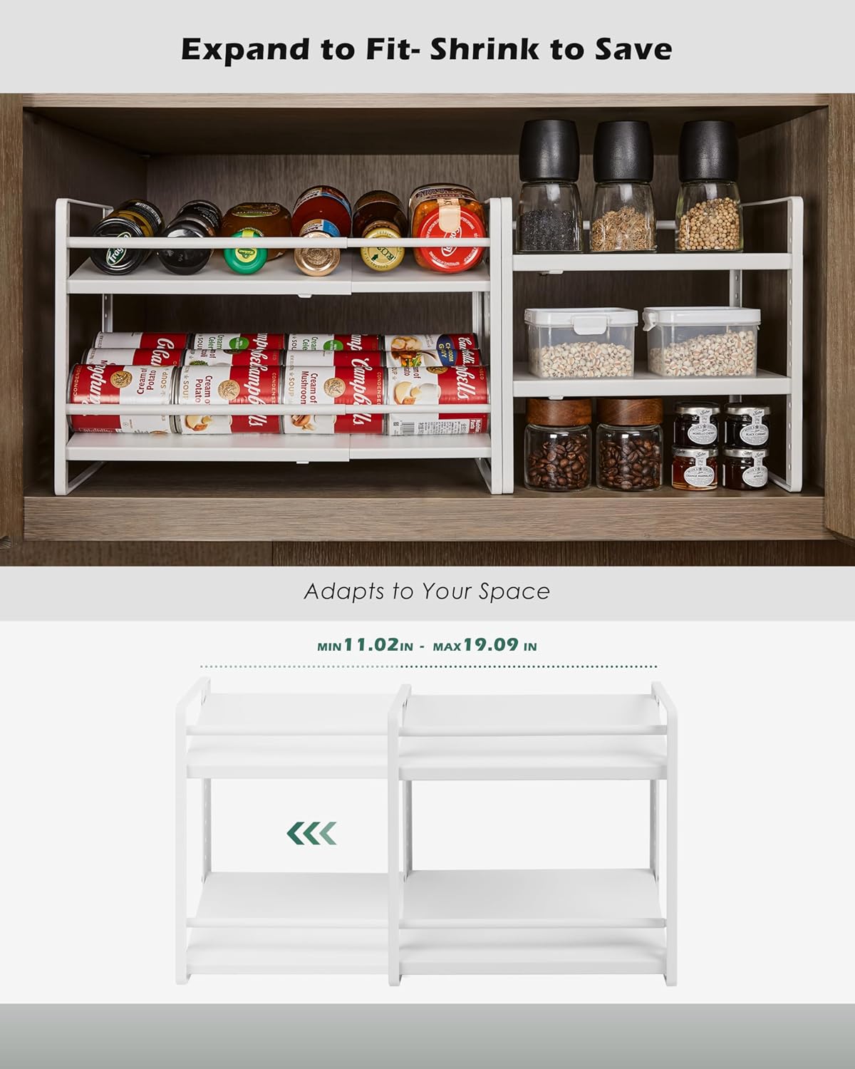 Expandable Cabinet Shelf Organizer, 2-Tier Countertop Storage Riser | Heavy-Duty Metal, Holds 80 lb, Adjusts Wide, 13 Height Slots, Tilt Option, for Kitchen, Pantry & Cupboard, Under Sink, White - view 6