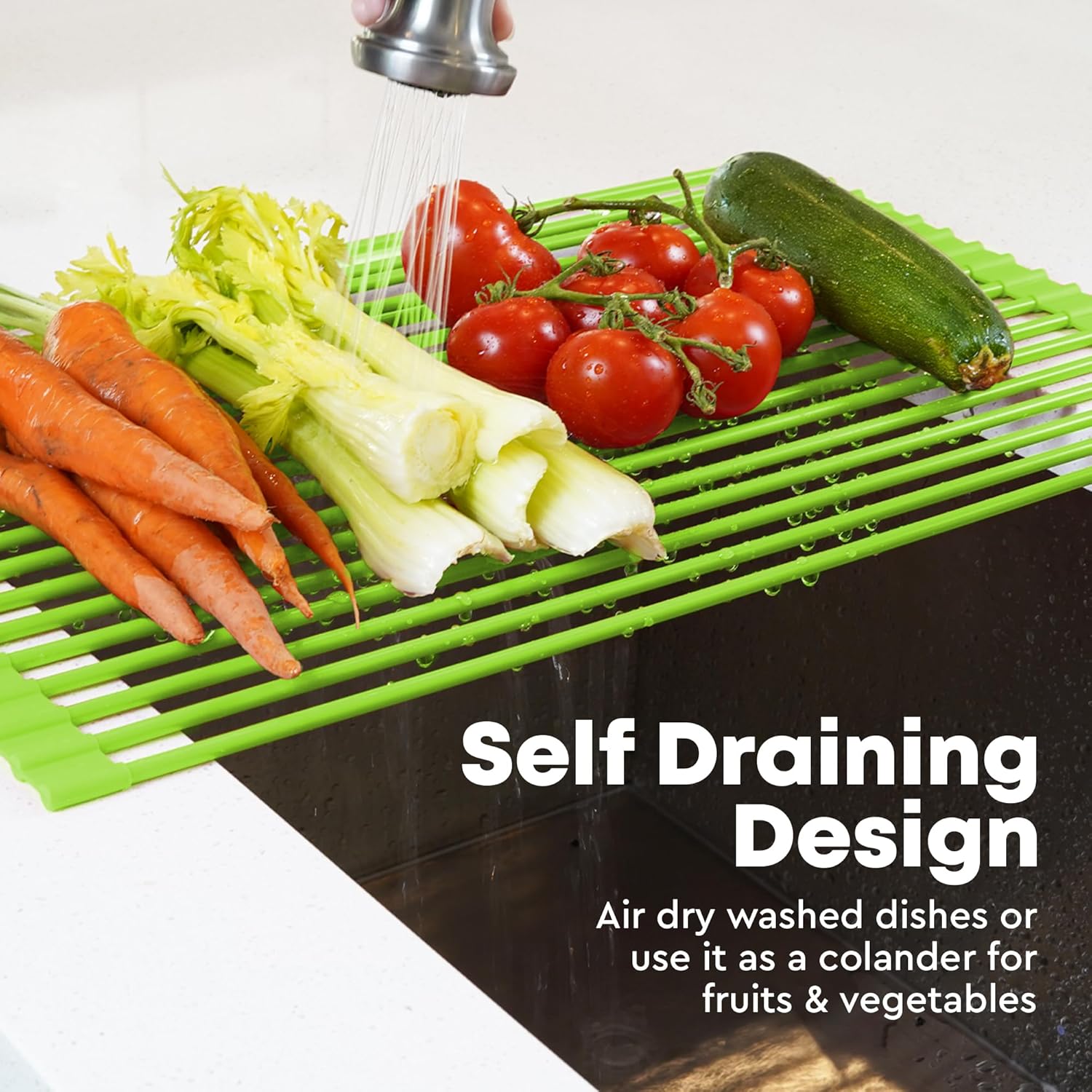 Zulay Kitchen Large Roll Up Dish Drying Rack - Heavy Duty Silicone Wrapped Steel Rods Over Sink Dish Drying Rack - Versatile Roll Up Sink Drying Rack & Trivet - Green,20.5 inches x 13 inches - view 3