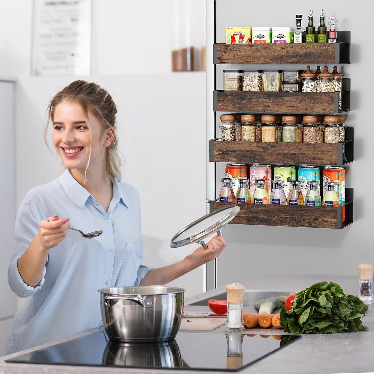 4 pack moveable fridge magnetic spice racks, metal (wood) - view 4