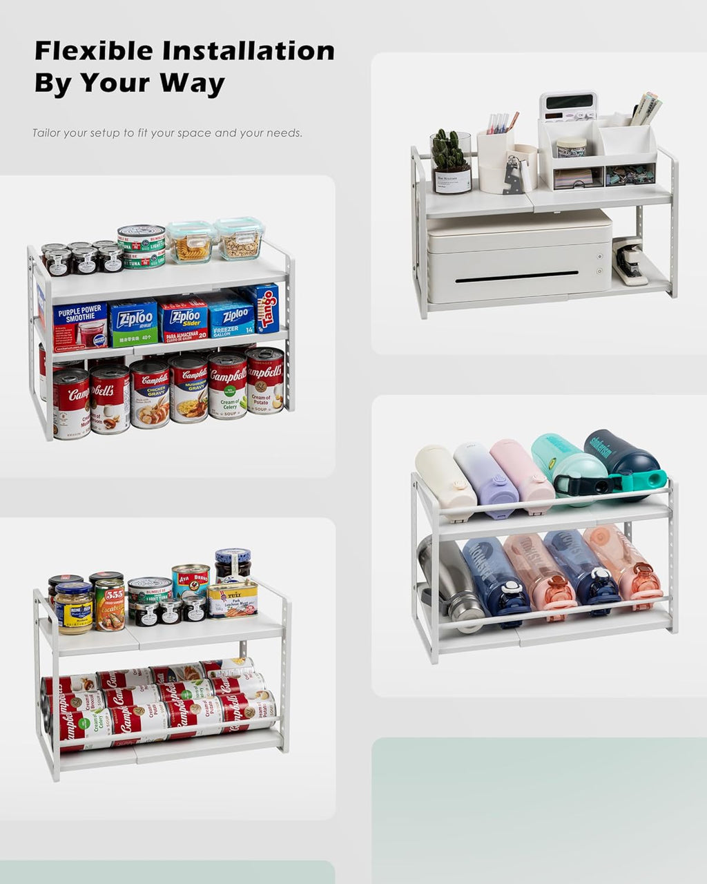 Expandable Cabinet Shelf Organizer, 2-Tier Countertop Storage Riser | Heavy-Duty Metal, Holds 80 lb, Adjusts Wide, 13 Height Slots, Tilt Option, for Kitchen, Pantry & Cupboard, Under Sink, White - view 3