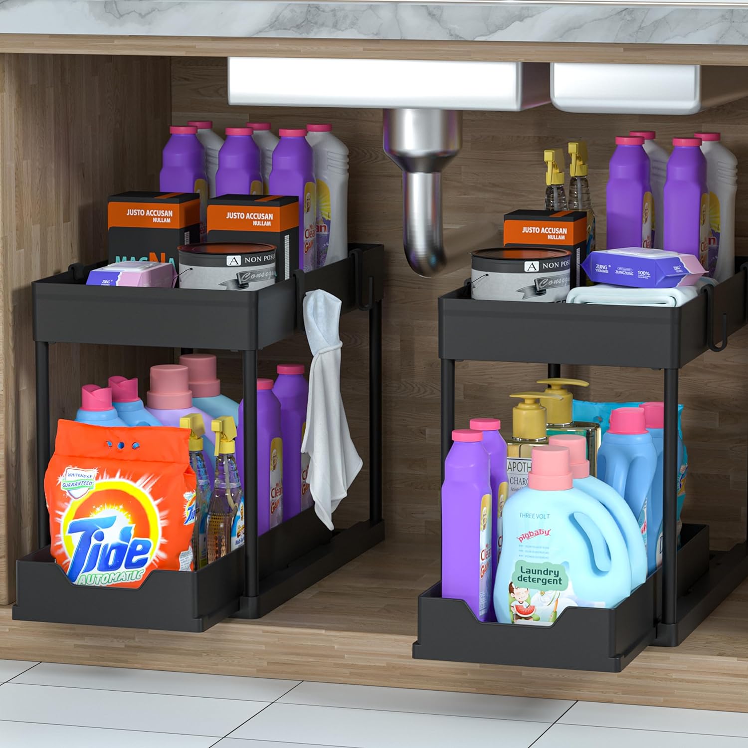 Under Sink Organizer 2 Pack, Bathroom Cabinet Organizer, 2 Tier Sliding Cabinet Basket Organizer Drawer, Multi-Purpose Bath Collection Baskets for Bathroom (Black) - view 4