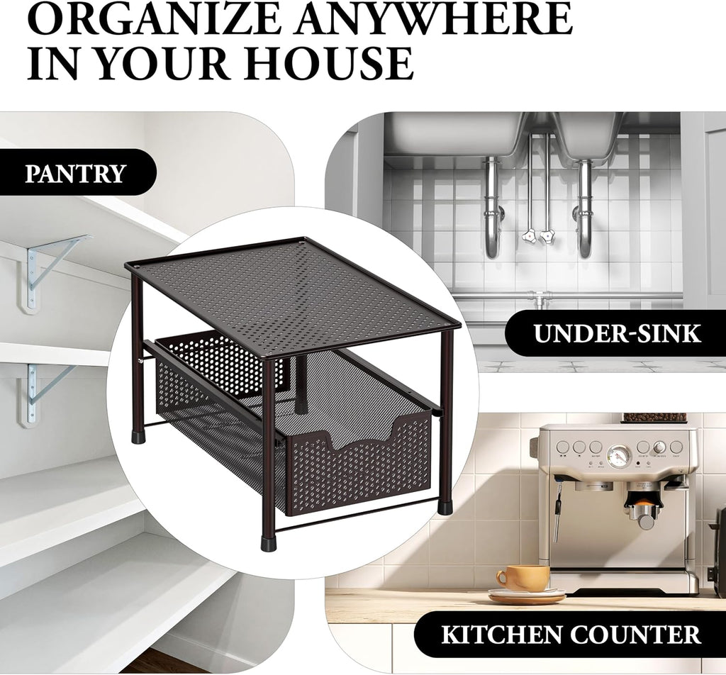 Stackable Under Sink Sliding Basket Drawer, Brown | Perforated Free Standing Organizer, Kitchen/Pantry/Cabinet/Counter - view 8