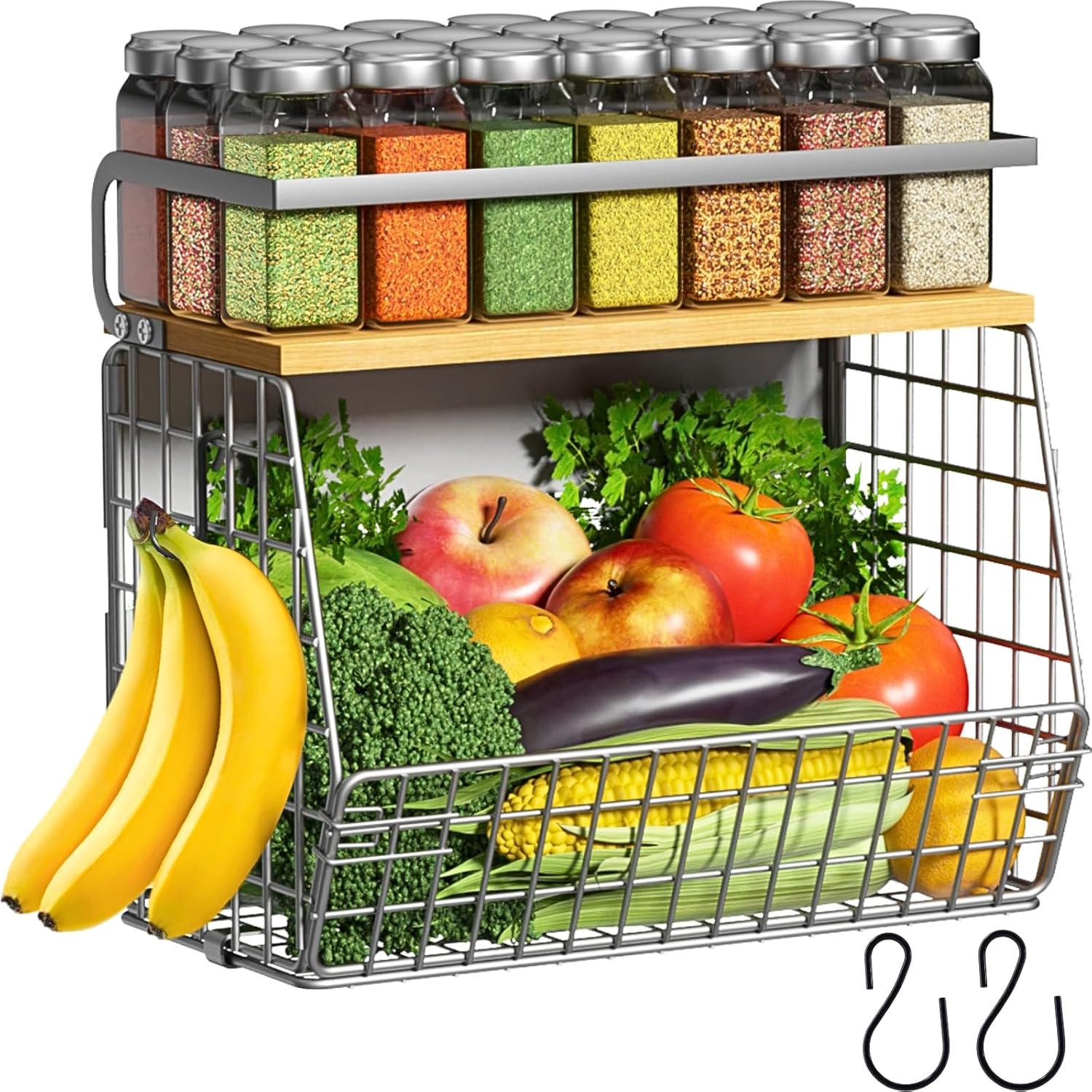 Magnetic Shelf for Fridge with Wood Lid, Fruit Potato and Onion Storage Bins, Pantry Organizers & Storage, Large Container Magnetic Spice Rack for Refrigerator, Kitchen Counter (Black, 1) - view 5