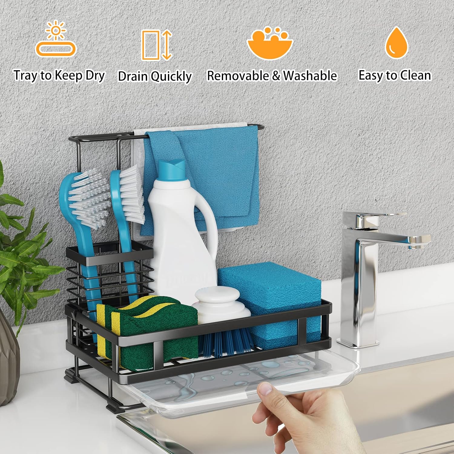 Kitchen Sink Organizer with Brush Rack - Sink Caddy with Drain-Pan | Stainless Steel Sponge Holder for Kitchen Sink with Towel Rack, Organizer for Dish Soap Dispenser, 10.5"L × 5.9"W × 10.5"H - view 7