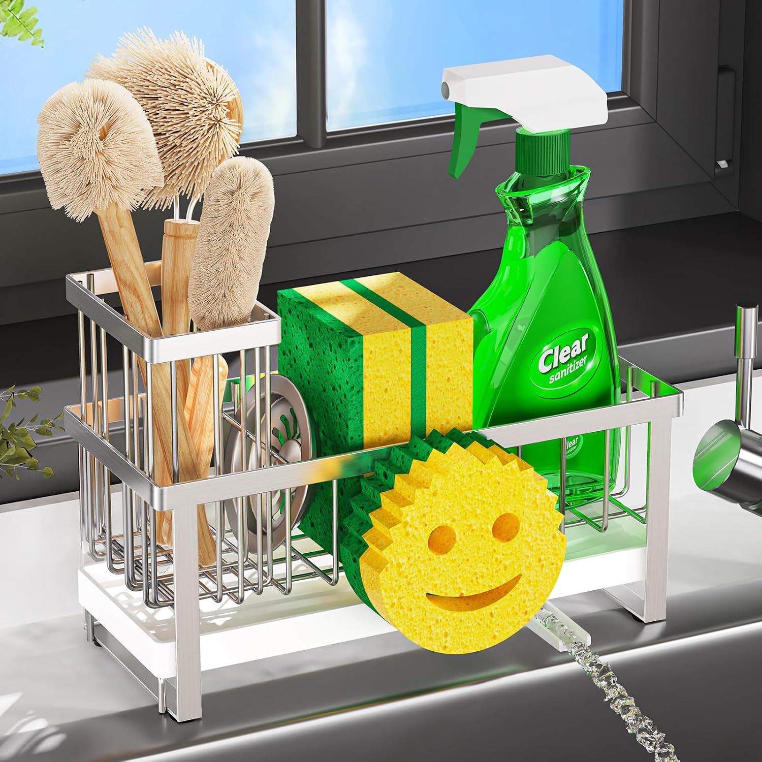 Sponge Holder for Kitchen Sink,Smiley Face Sink Caddy with Removable Brush Holder,Self-Draining Sponge Caddy for Sponge,Soap,Dish Brush,Scrubber,Kitchen Essentials and Gadgets - view 7