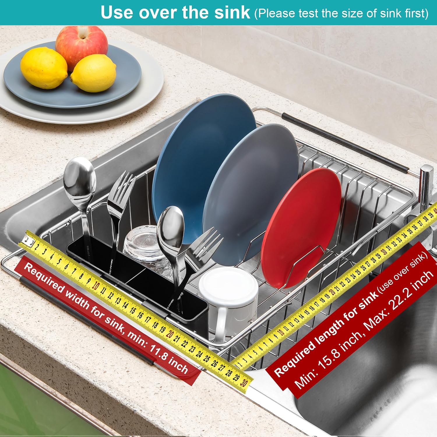 Expandable multifunctional dish drying rack, over the sink, in sink or on counter dish drainer basket shelf with black utensil silverware holder, rustproof stainless organizer - view 4