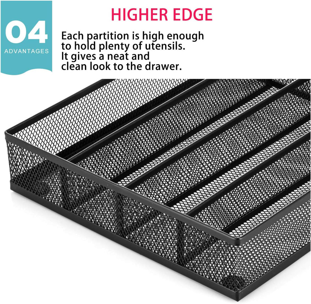 Utensil drawer organizer, cutlery tray silverware flatware storage divider for kitchen, mesh wire with non-slip foam feet, 5 component, black - view 6