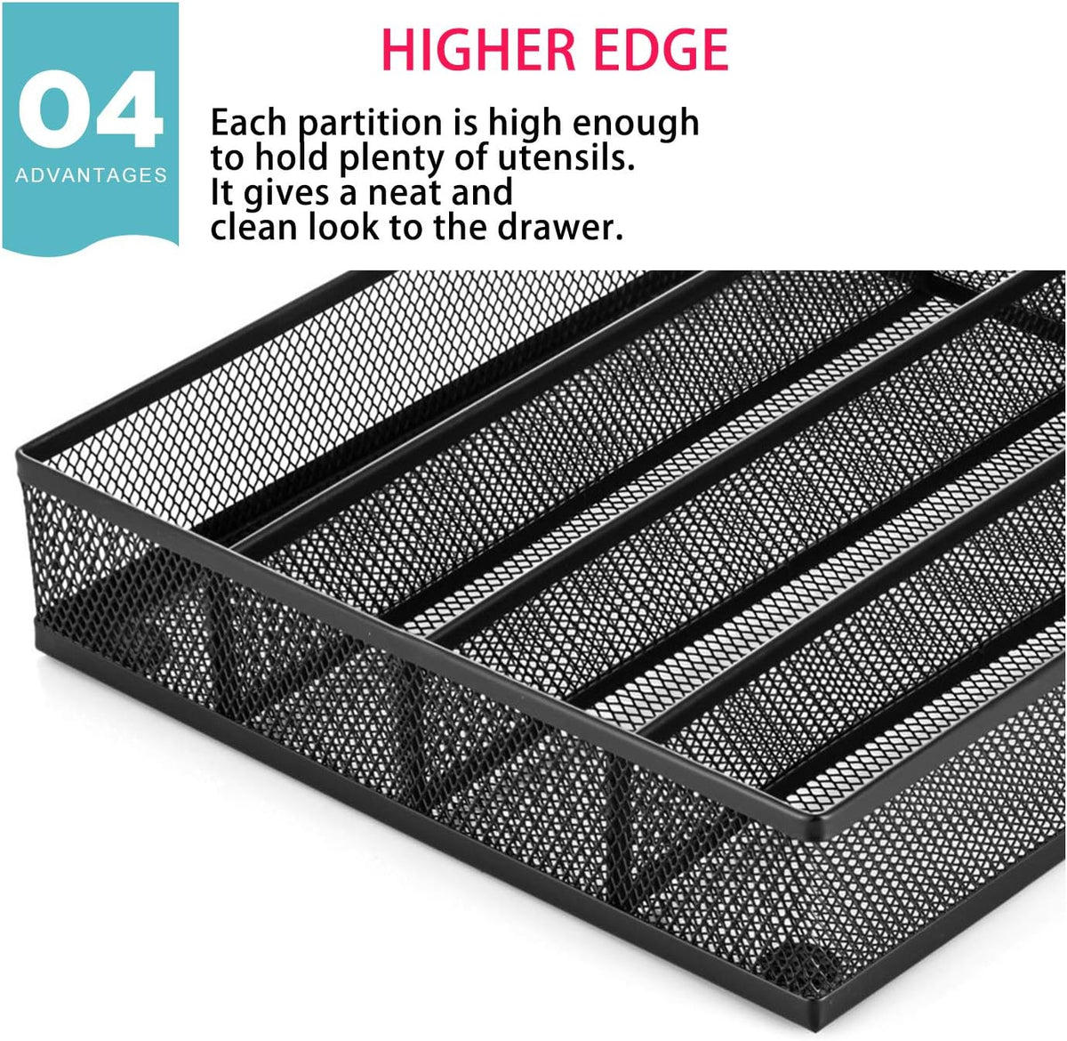 Utensil drawer organizer, cutlery tray silverware flatware storage divider for kitchen, mesh wire with non-slip foam feet, 5 component, black - view 6