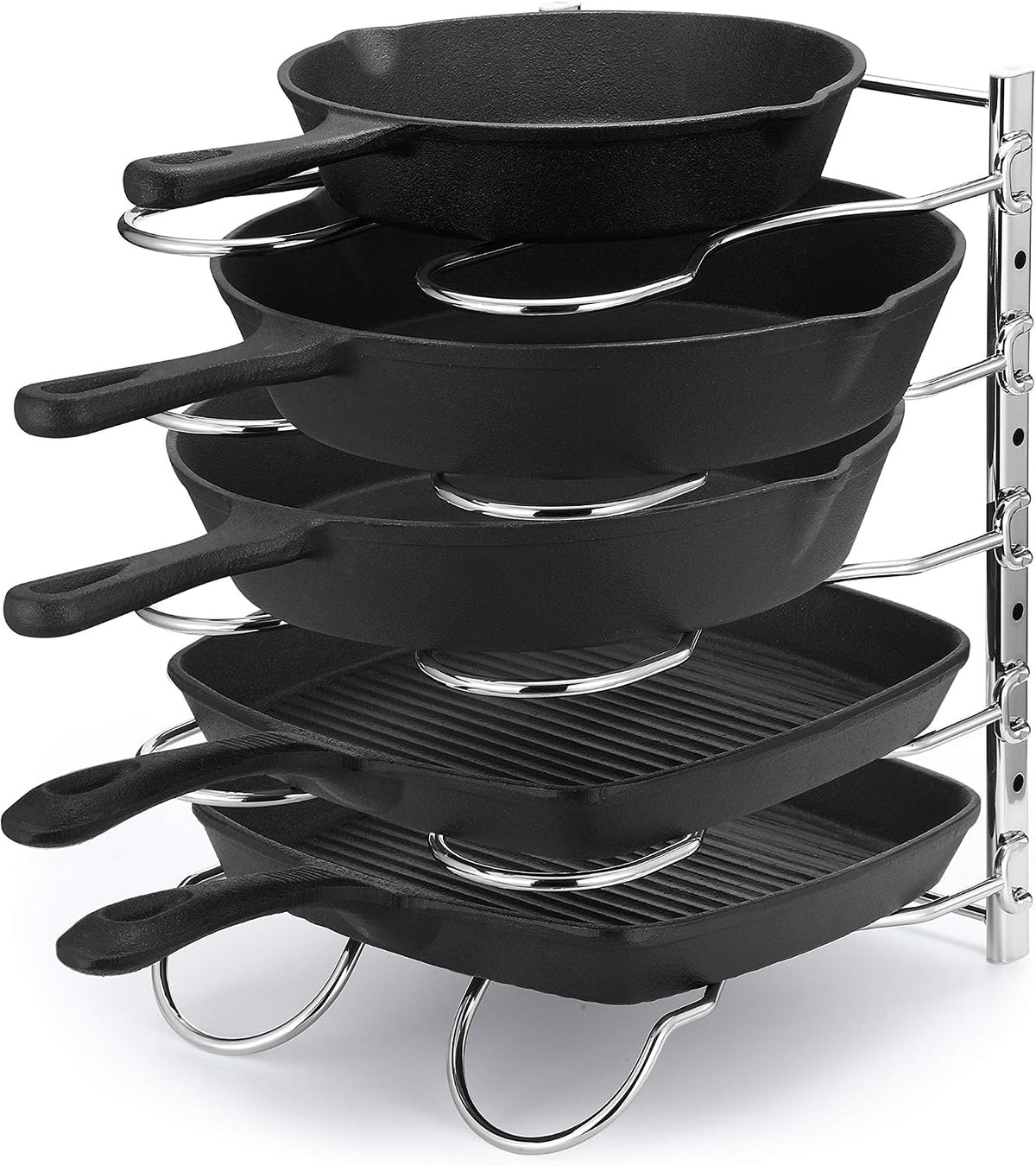 Heavy Duty Pan Rack, Pot Lid Rack, Kitchen Cabinet Pantry Cookware Organizer Rack Holder with 5 Adjustable Dividers, Chrome
