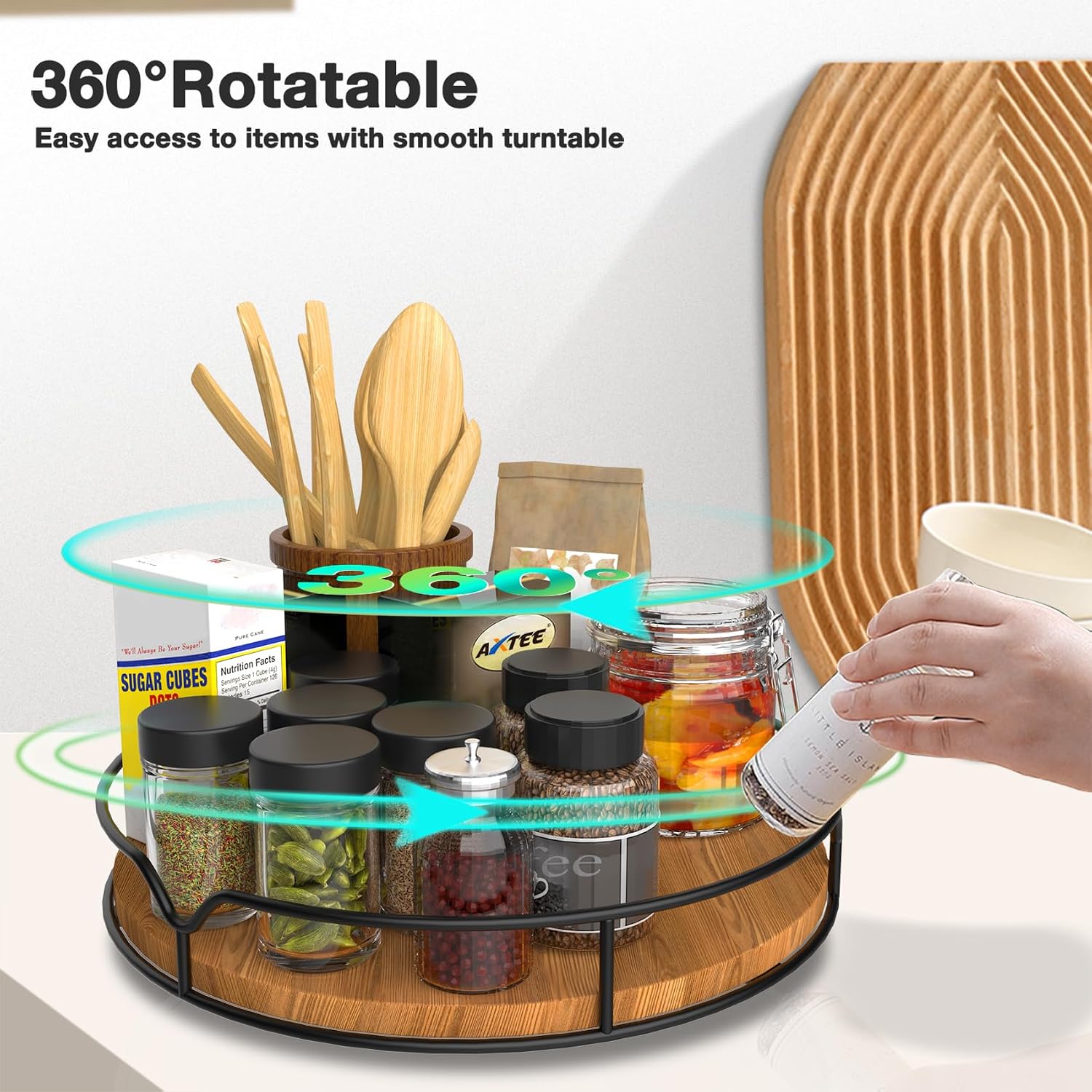 Lazy susan turntable organizer for cabinet pantry kitchen countertop refrigerator cupboard, pine wood, 9", carbonized black - view 2