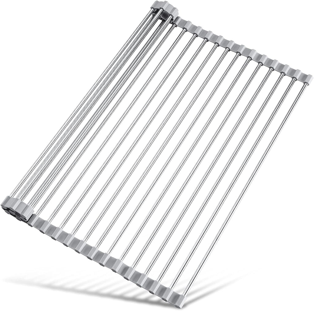17.7" x 15.5" Roll Up Dish Drying Rack Over Sink Drying Rack Sink Cover Kitchen Sink Accessories Gadget Multipurpose Organizer Foldable Stainless Steel Drainer (Grey) | Anti-Slip Silicone Rims For Grip, Heat-Resistant Trivet Mat Holding Heavy Cookware, Ru
