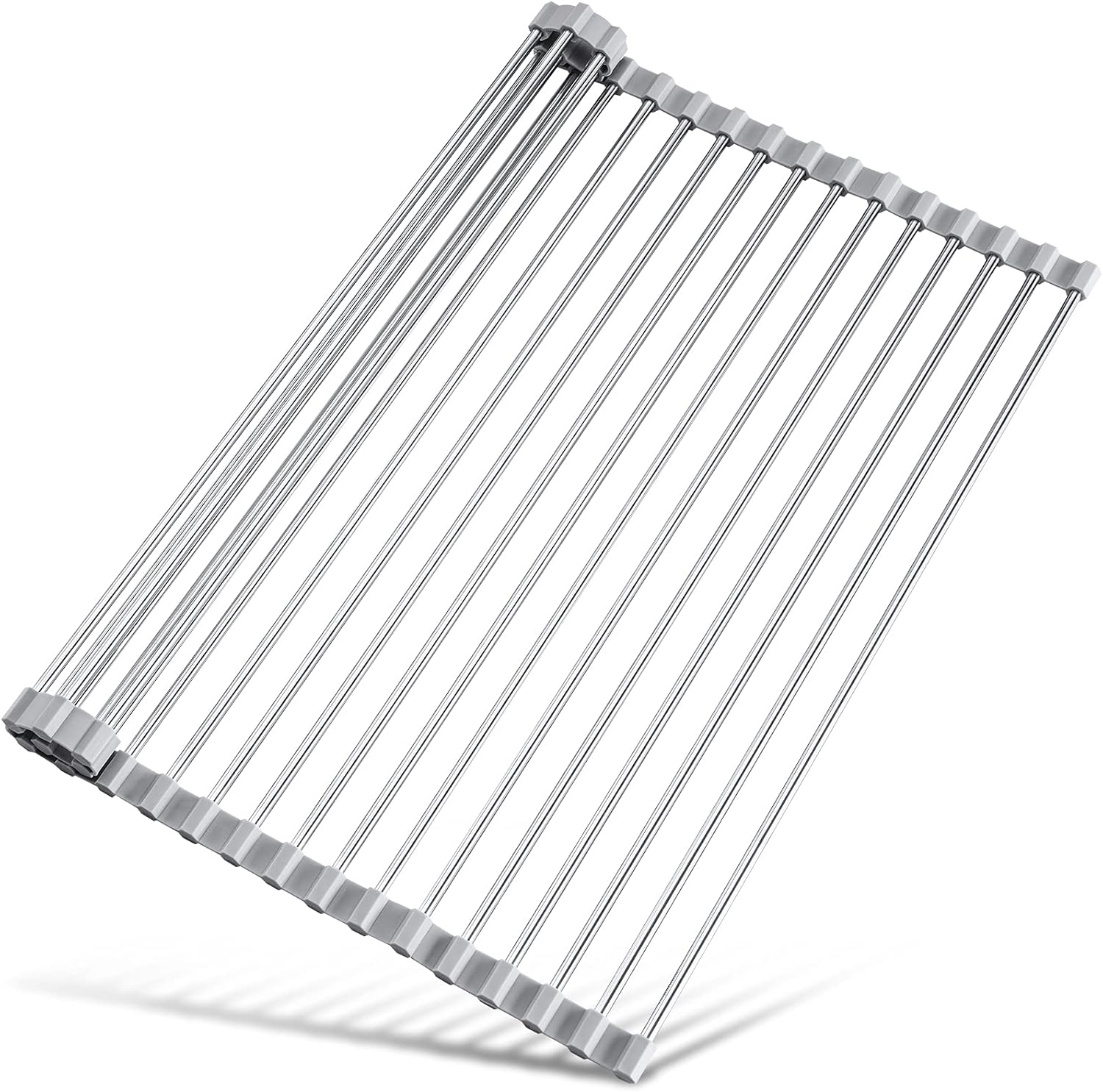 17.7" x 15.5" Roll Up Dish Drying Rack Over Sink Drying Rack Sink Cover Kitchen Sink Accessories Gadget Multipurpose Organizer Foldable Stainless Steel Drainer (Grey) | Anti-Slip Silicone Rims For Grip, Heat-Resistant Trivet Mat Holding Heavy Cookware, Ru