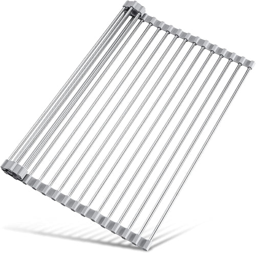 17.7" x 15.5" Roll Up Dish Drying Rack Over Sink Drying Rack Sink Cover Kitchen Sink Accessories Gadget Multipurpose Organizer Foldable Stainless Steel Drainer (Grey) | Anti-Slip Silicone Rims For Grip, Heat-Resistant Trivet Mat Holding Heavy Cookware, Ru